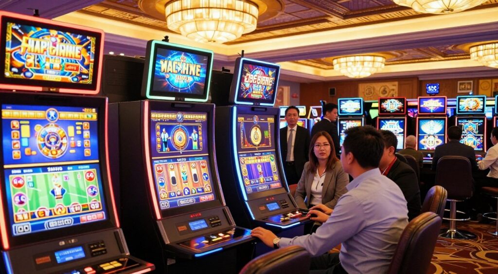 A vibrant, modern casino interior featuring several interactive slot machines in the foreground. Each machine displays colorful, animated graphics reflecting various themes and game types, appealing to both novice and experienced players. In the middle ground, a diverse group of people, dressed in professional business attire and modest casual clothing, enthusiastically engage with the machines, showcasing strategic gameplay and social interaction. The background includes elegant lighting fixtures casting a warm glow over the scene, enhancing the inviting atmosphere. The camera angle is slightly elevated to capture a panoramic view of the excitement and energy within the casino, creating a sense of immersion and engagement typical of a thrilling gaming experience.