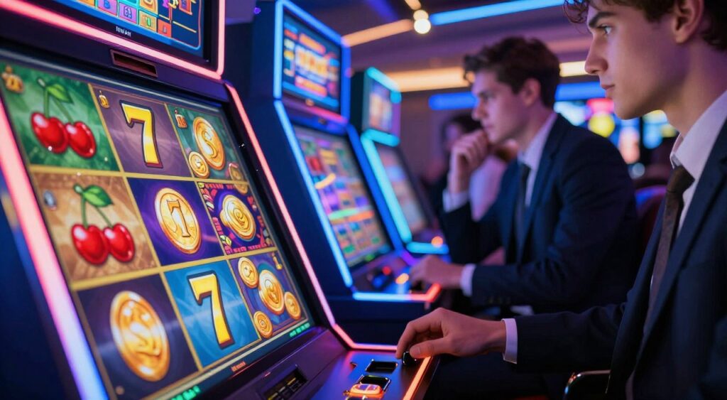 A vibrant online slots gaming scene with a sleek digital interface. In the foreground, a virtual slot machine featuring colorful symbols like cherries, sevens, and golden coins spins energetically. The middle ground showcases a glowing, futuristic casino environment with bright LED lights and shimmering graphics, embodying excitement and strategy. In the background, a blurred image of a stylish player in professional attire with focused expressions, contemplating their next move. The lighting is dynamic, casting reflections on the glossy surfaces, creating an engaging atmosphere of anticipation and thrill. The camera angle is slightly tilted to emphasize the action, inviting viewers into a world of strategic gameplay and entertainment.